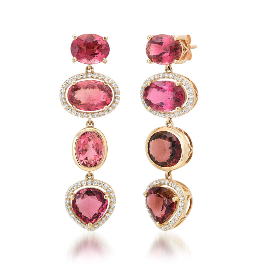 Multi Shape Pink Tourmaline & Diamond  Drop Earrings