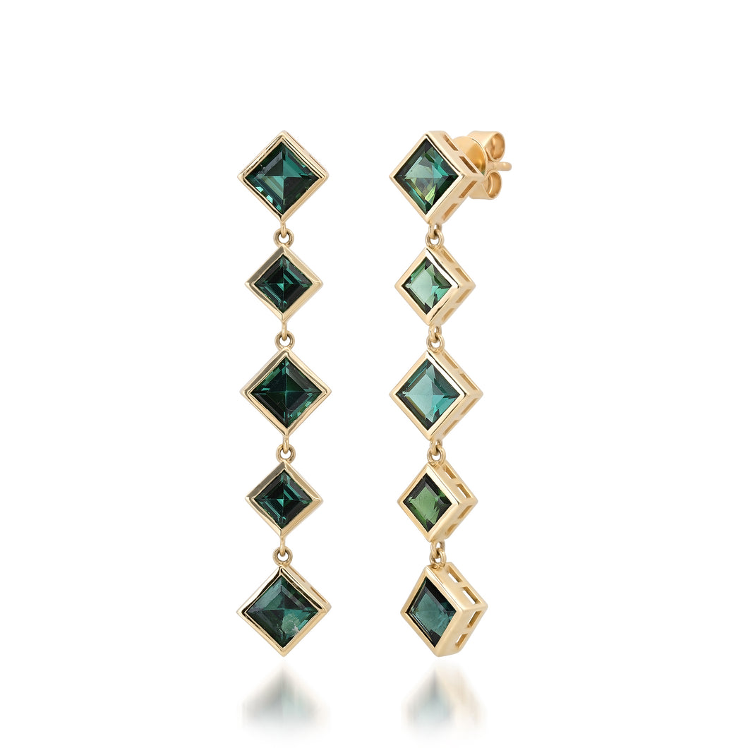 Square Bezel Set Green Tourmaline Drop Earrings