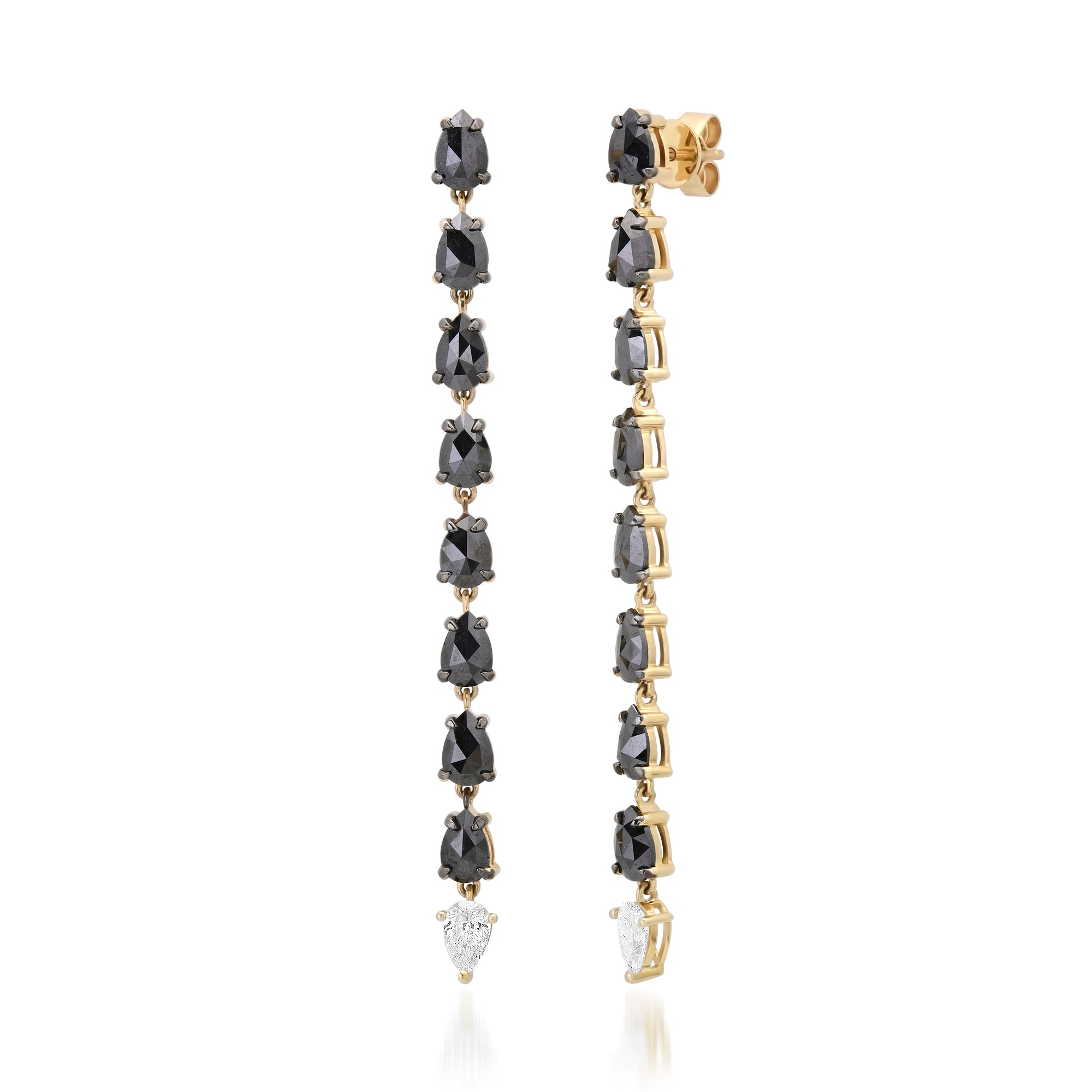 Pear Shaped Black & White Diamond Shoulder Duster Drop Stud Earrings