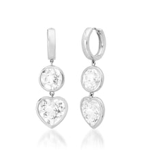 Bezel Set Heart & Round White Topaz Drop Huggie Hoop Earrings