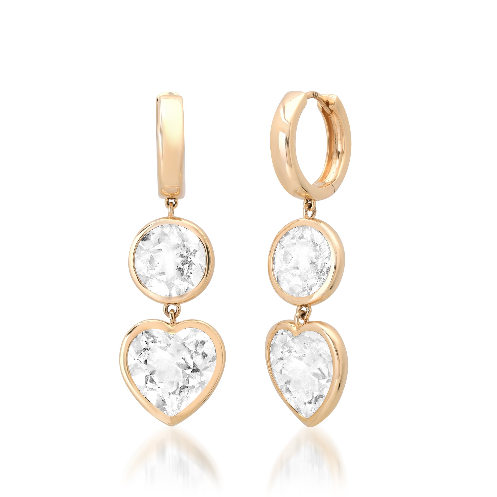 Bezel Set Heart & Round White Topaz Drop Huggie Hoop Earrings