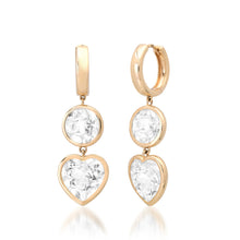 Bezel Set Heart & Round White Topaz Drop Huggie Hoop Earrings