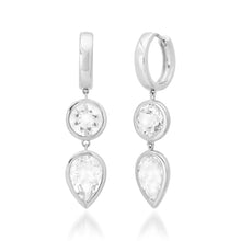 Bezel Set Pear & Round White Topaz Drop Huggie Hoop Earrings