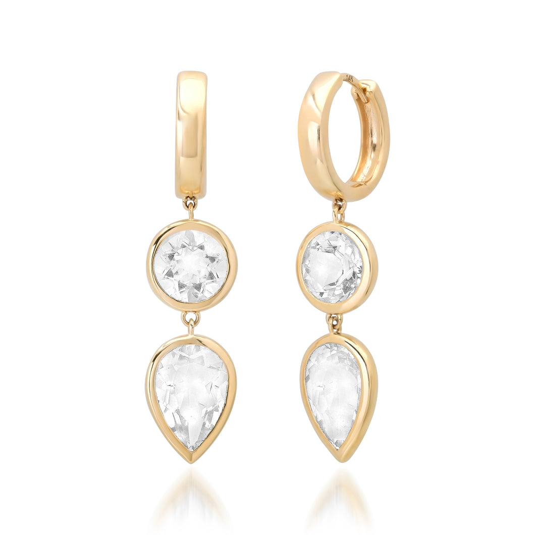 Bezel Set Pear & Round White Topaz Drop Huggie Hoop Earrings