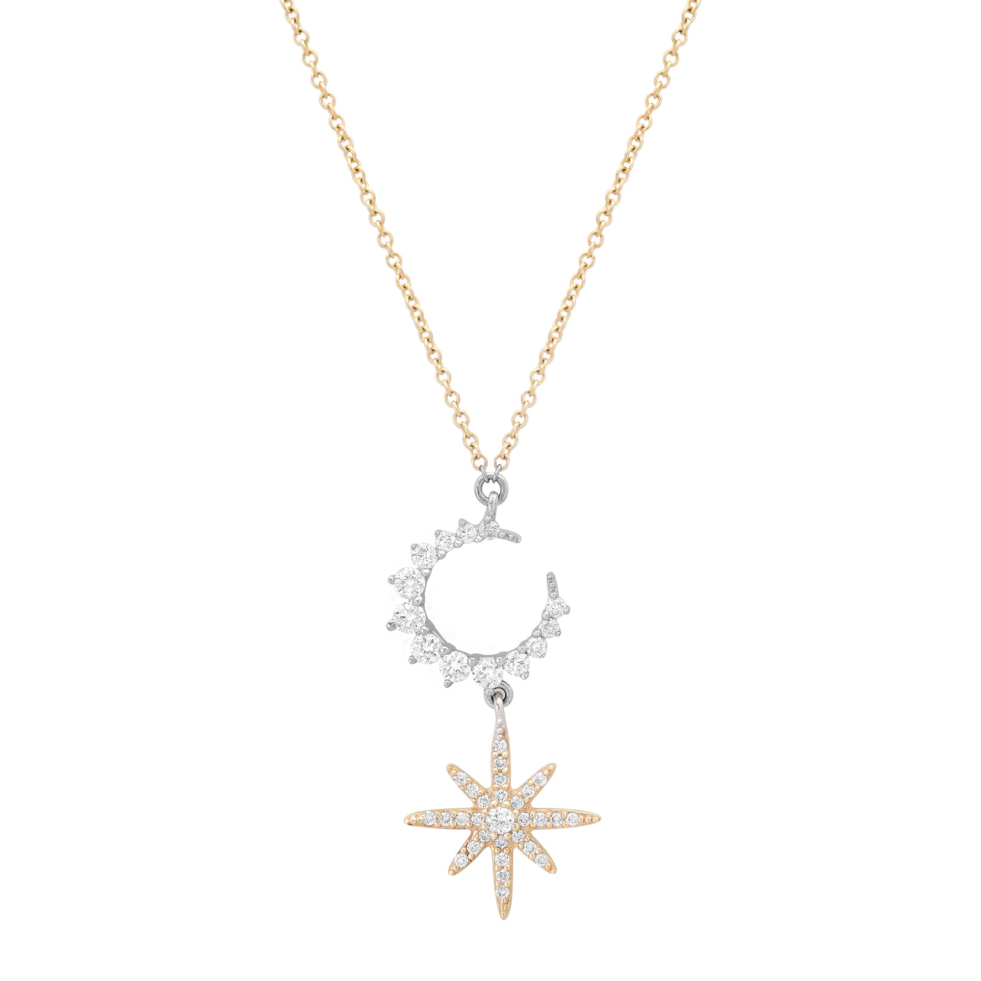 Diamond Crescent Moon & Star Dangle Necklace
