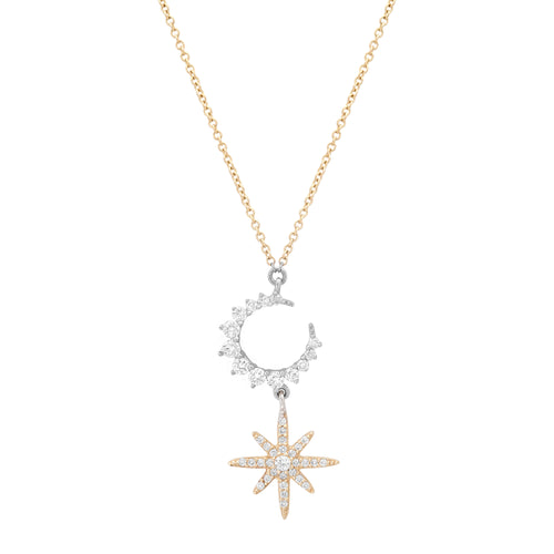 Diamond Crescent Moon & Star Dangle Necklace