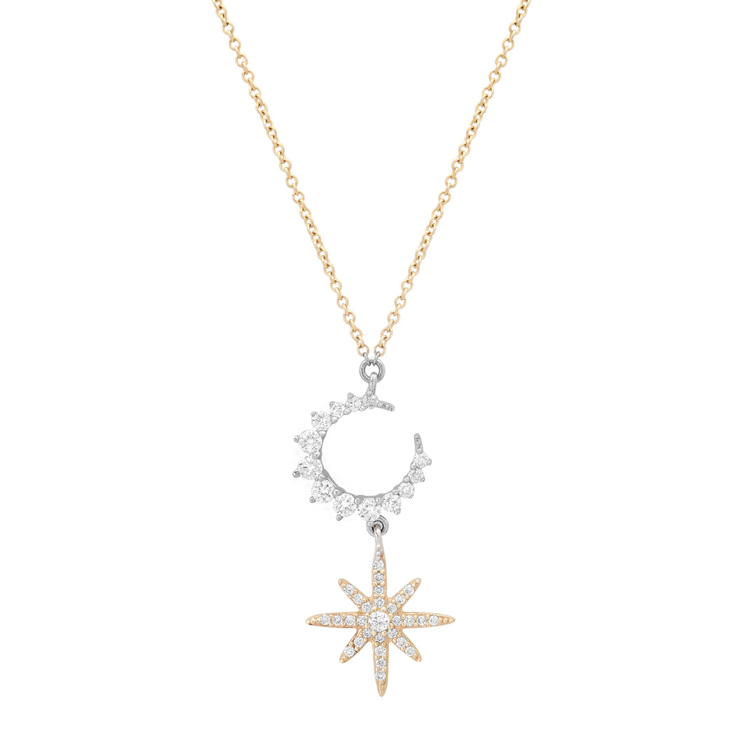 Diamond Crescent Moon & Star Dangle Necklace
