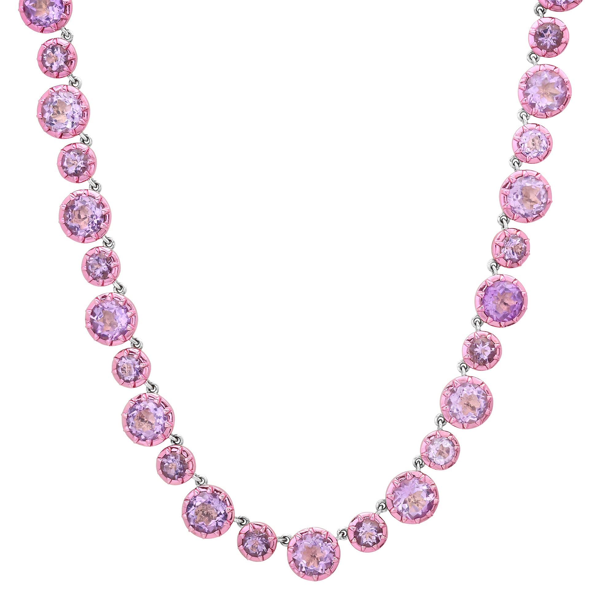 Round Georgian Set Amethyst Tennis Necklace with Pink Rhodium