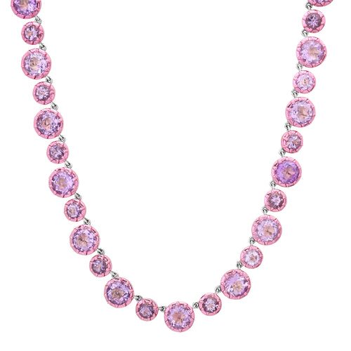 Round Georgian Set Amethyst Tennis Necklace with Pink Rhodium