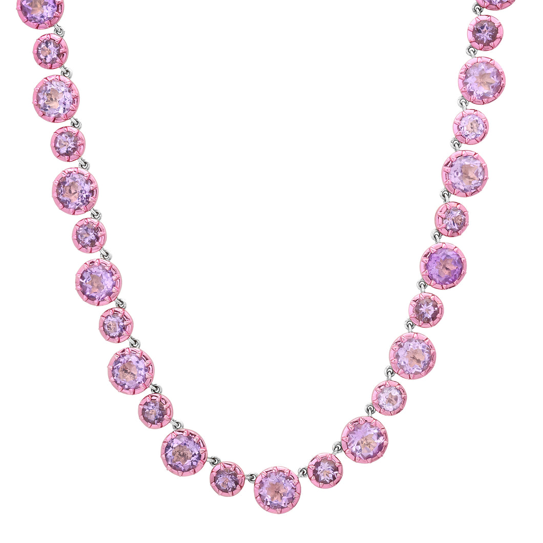 Round Georgian Set Amethyst Tennis Necklace with Pink Rhodium