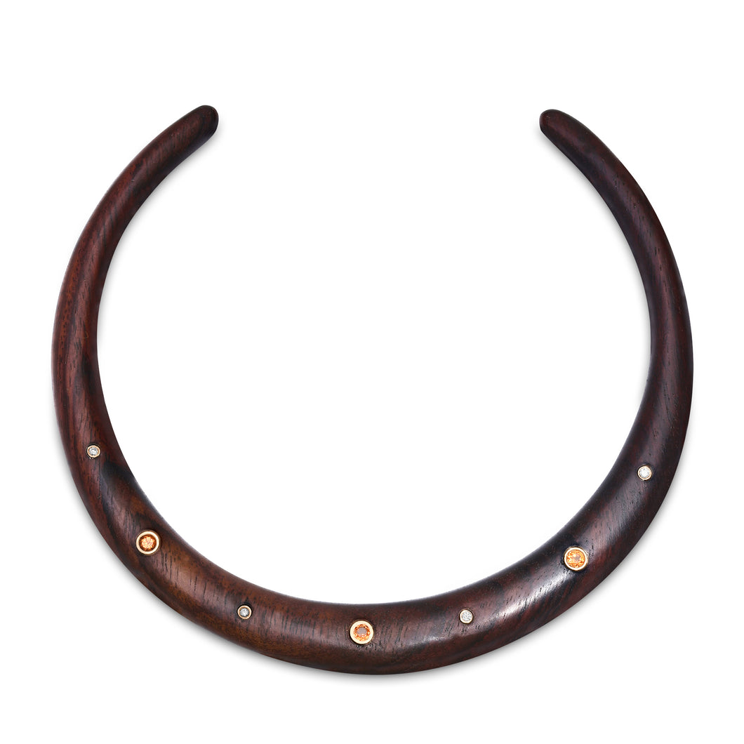 Wood Collar Necklace with Mandarin Garnets & Diamonds