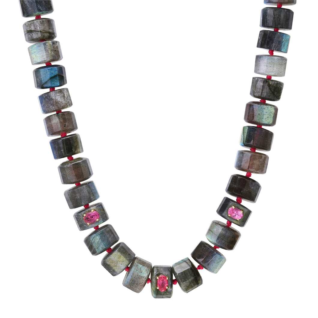 Grand Labradorite Beaded Necklace with Pink Tourmaline Accents