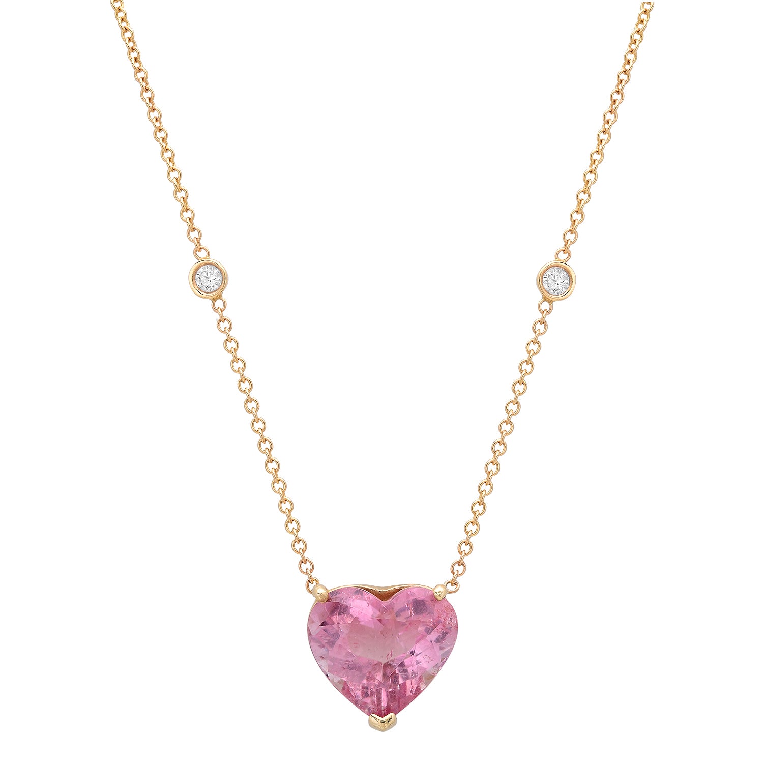 Large Pink Tourmaline Heart & Diamond Bezels Gem Candy Necklace