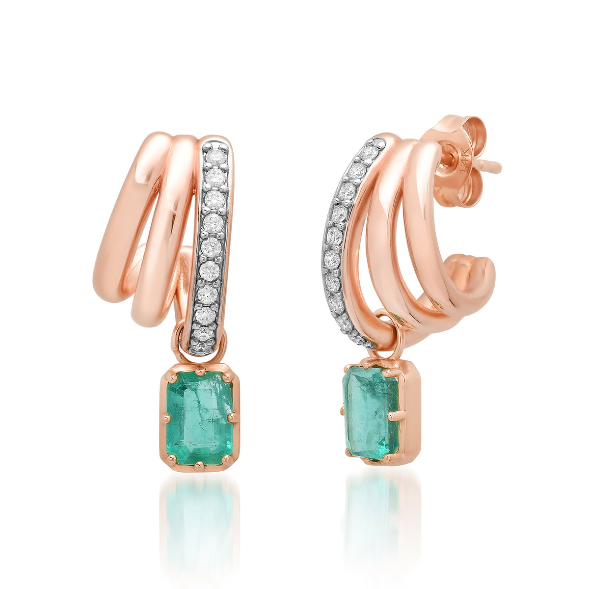 Graduated Triple Diamond Huggie with Emerald Drop Earrings