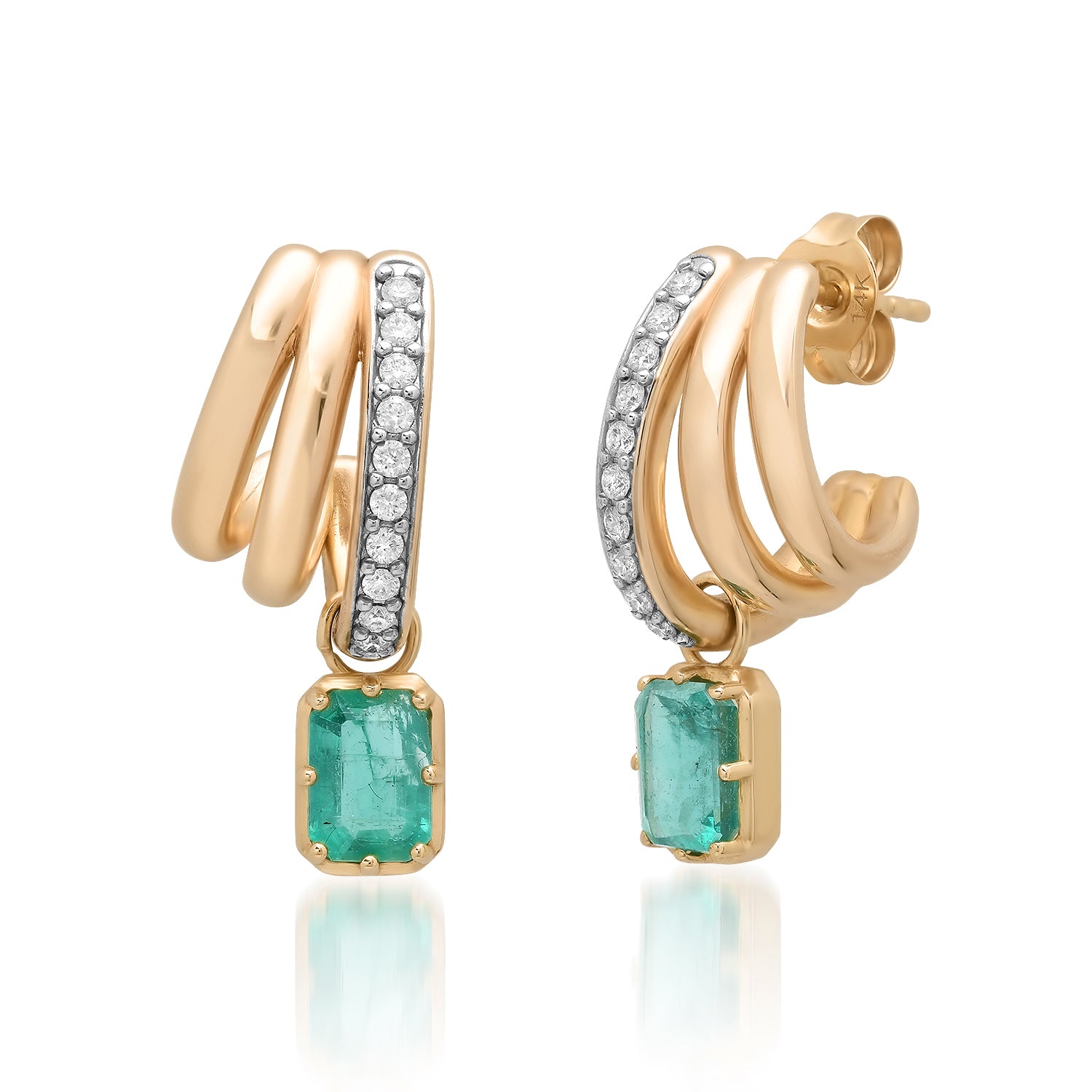 Graduated Triple Diamond Huggie with Emerald Drop Earrings