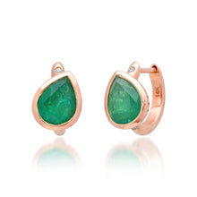 Emerald or Ruby Bezel Set Pear Huggie Hoop Earrings