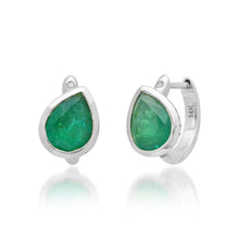 Emerald or Ruby Bezel Set Pear Huggie Hoop Earrings