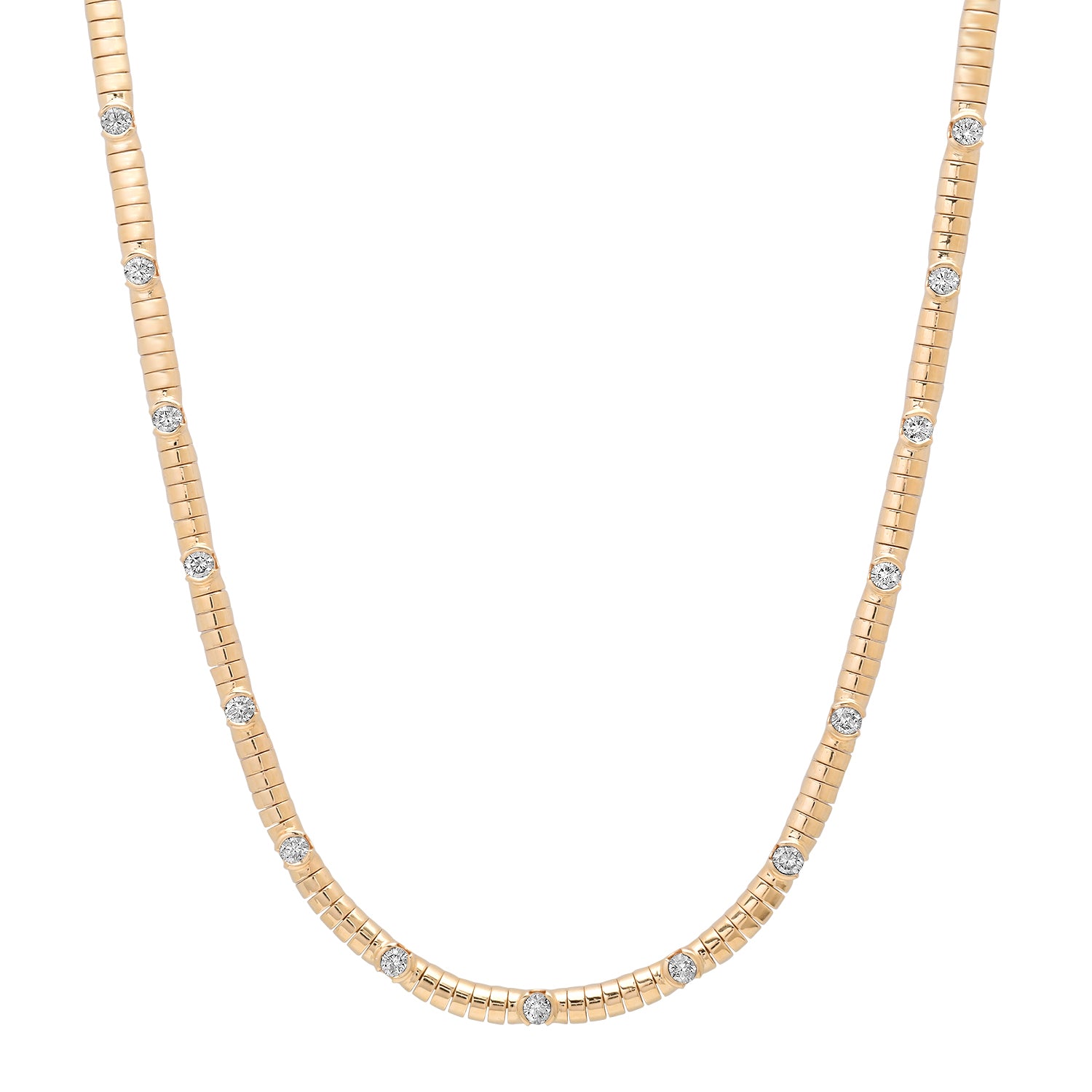 Ribbed Gold Necklace with Round Diamonds