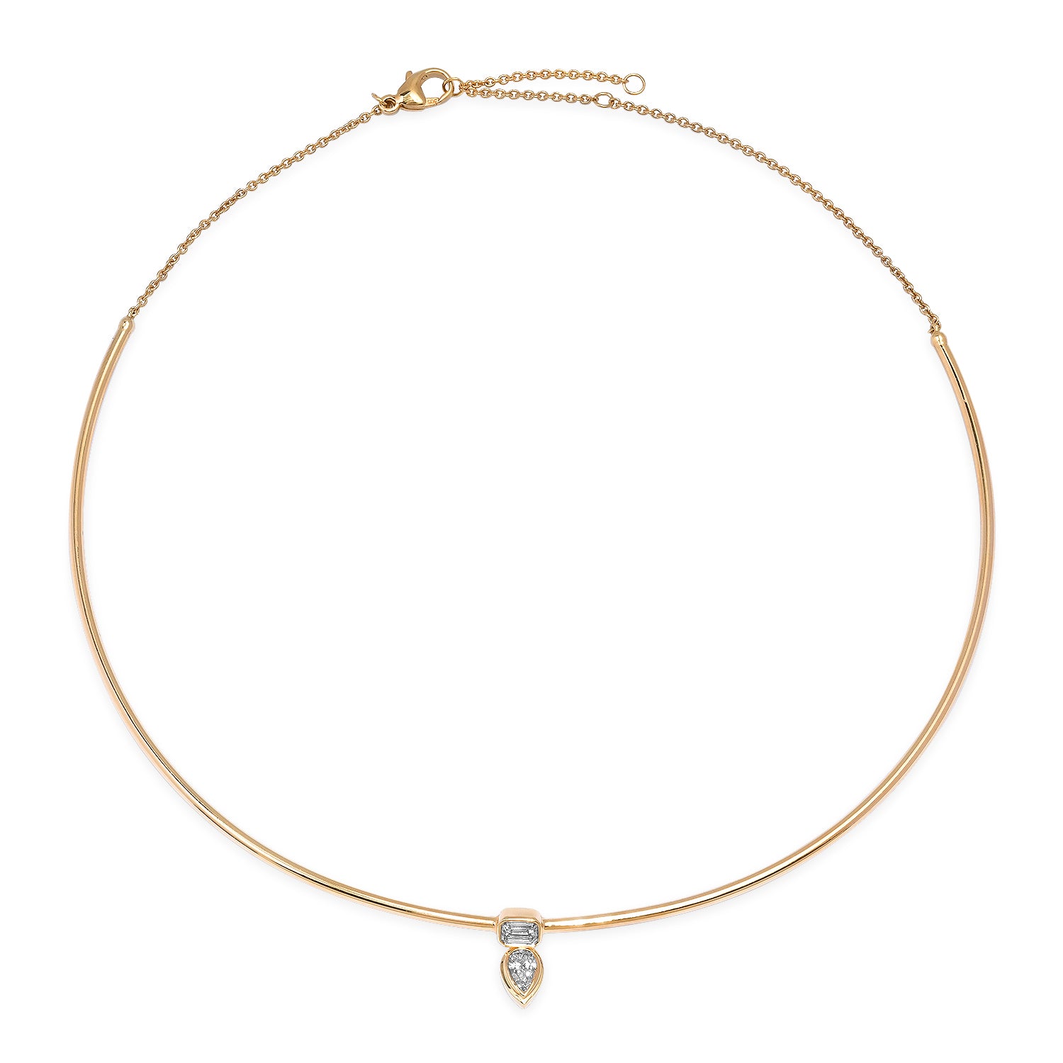 Gold Wire Collar Necklace with Mixed Shape Diamond Duo