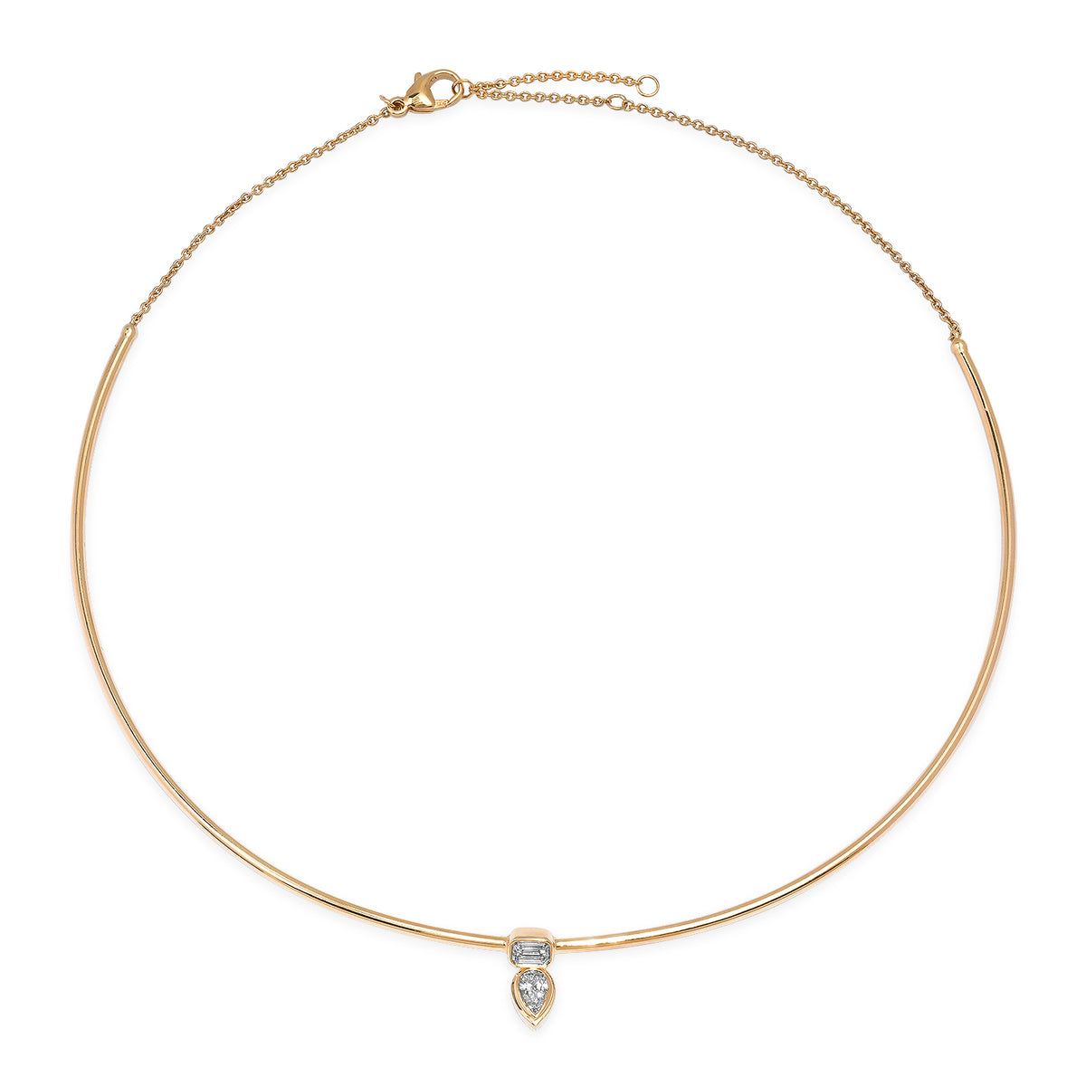 Gold Wire Collar Necklace with Mixed Shape Diamond Duo