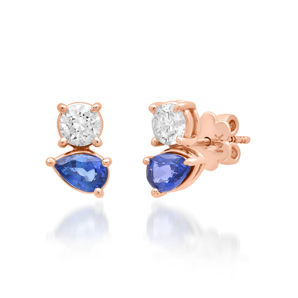 Diamond & Blue Sapphire Two Stone Stud Earrings