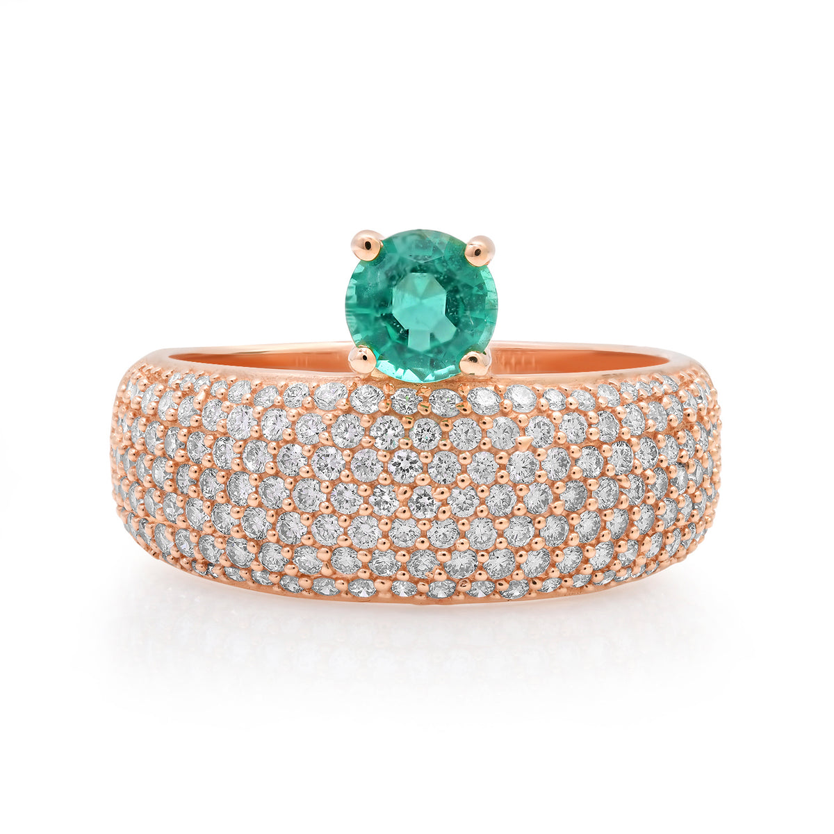 Emerald Solitaire Wide Pave Diamond Band Ring