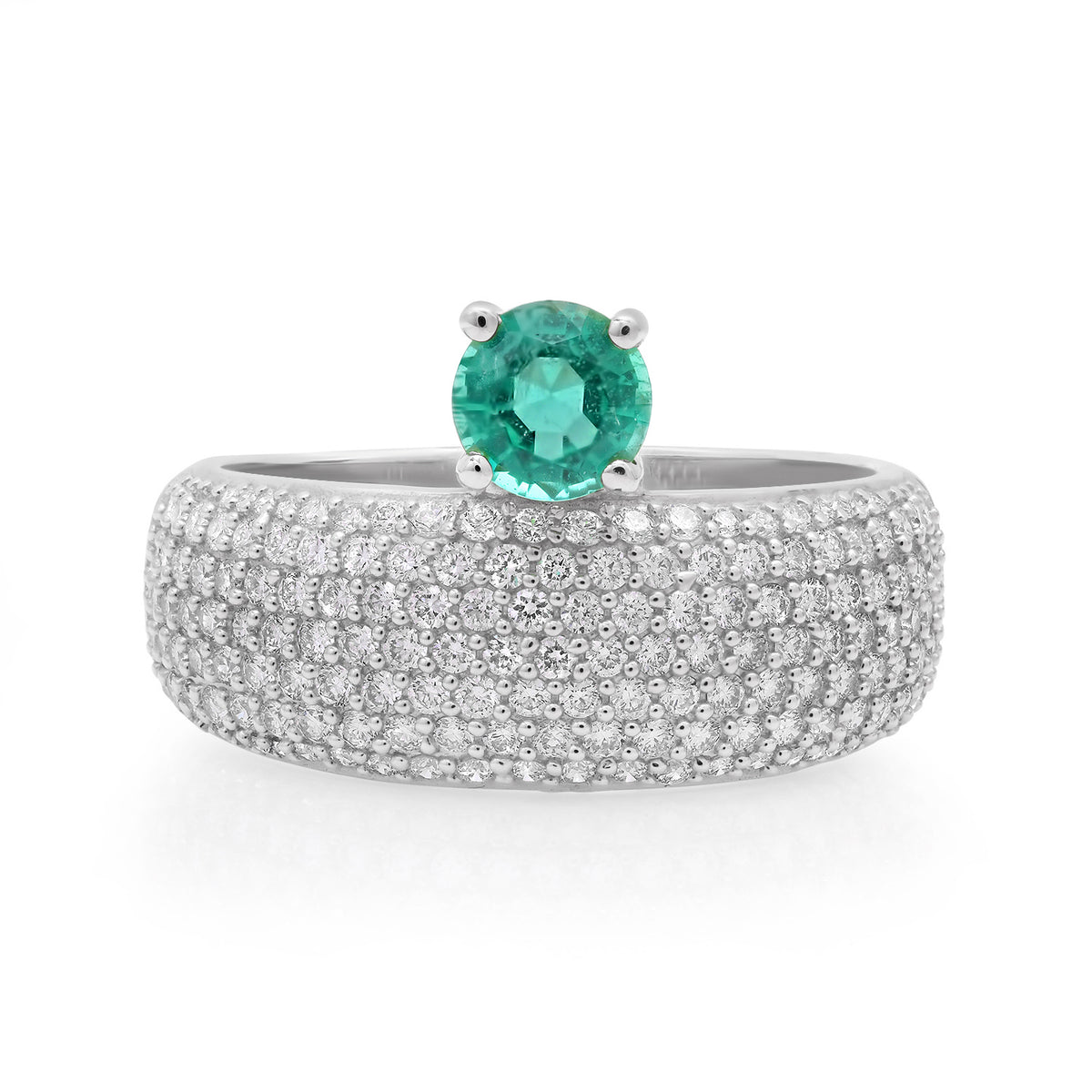 Emerald Solitaire Wide Pave Diamond Band Ring