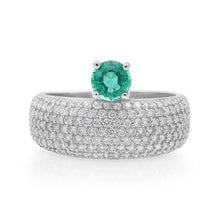 Emerald Solitaire Wide Pave Diamond Band Ring