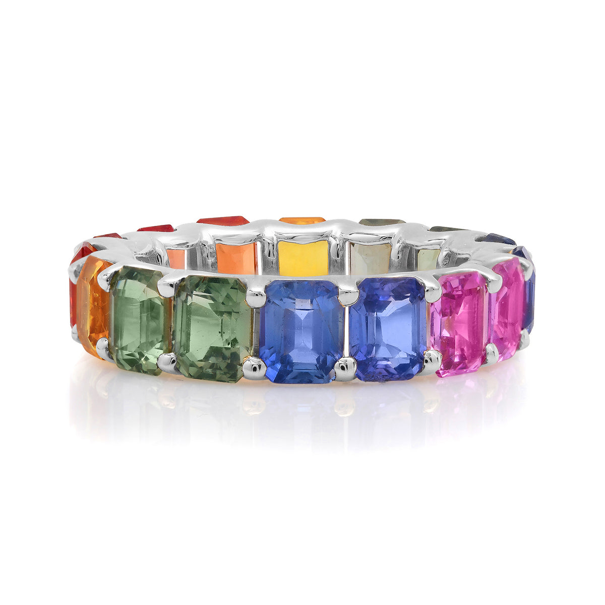 Emerald Cut Rainbow Gemstone Eternity Band Ring