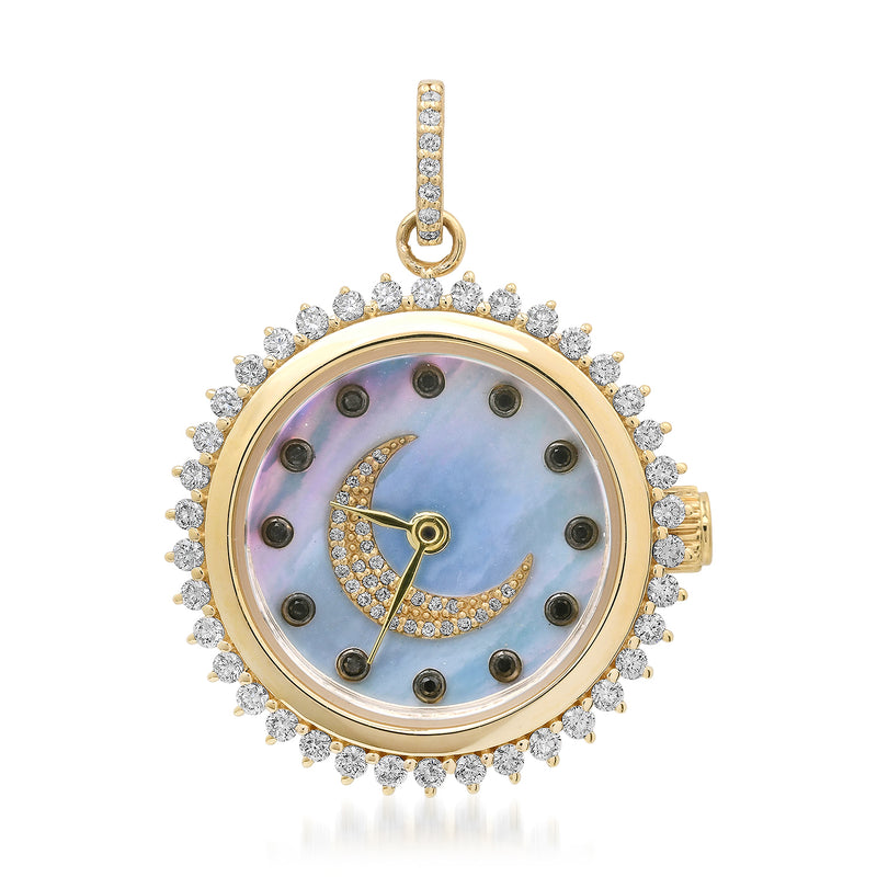 Functional Black Mother of Pearl & Diamond Moon Clock Charm
