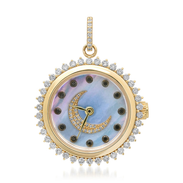 Functional Blue Mother of Pearl & Diamond Moon Clock Charm