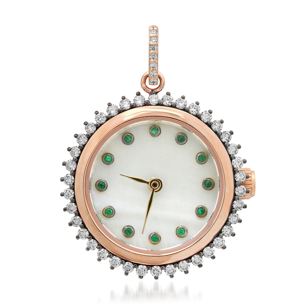 Functional White Mother of Pearl & Emerald Clock Charm with Diamonds