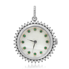 Functional White Mother of Pearl & Emerald Clock Charm with Diamonds
