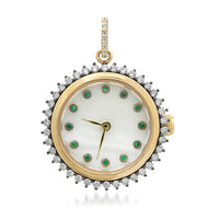 Functional White Mother of Pearl & Emerald Clock Charm with Diamonds - 14k yellow gold