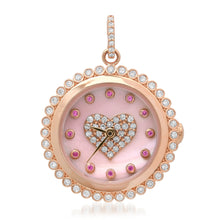Functional Pink Mother of Pearl & Pink Sapphire Heart Clock Charm with Diamonds