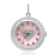 Functional Pink Mother of Pearl & Pink Sapphire Heart Clock Charm with Diamonds