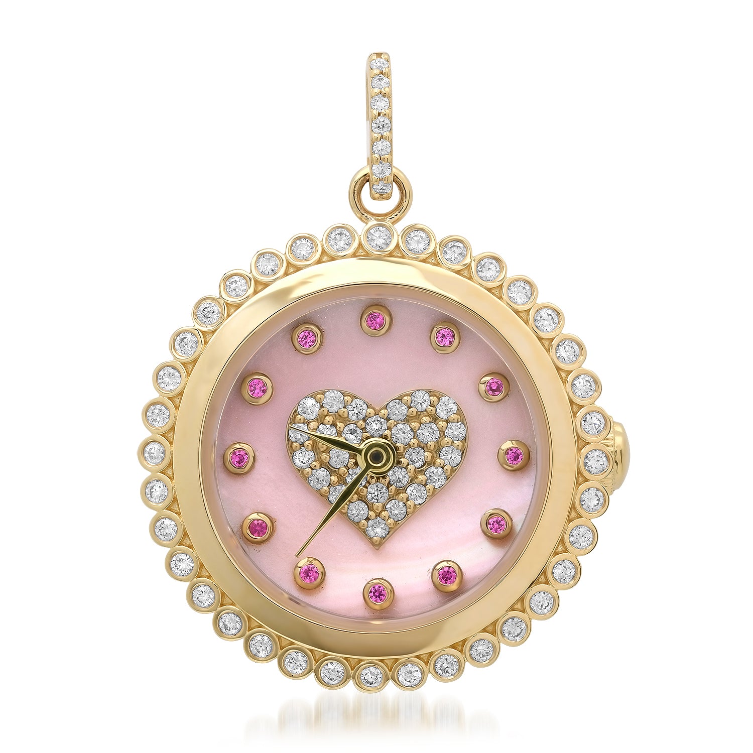 Functional Pink Mother of Pearl & Pink Sapphire Heart Clock Charm with Diamonds