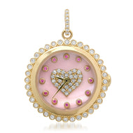 Functional Pink Mother of Pearl & Pink Sapphire Heart Clock Charm with Diamonds - 14k yellow gold
