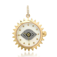 Functional White Mother of Pearl & Diamond Evil Eye Spike Clock Charm - 14k yellow gold