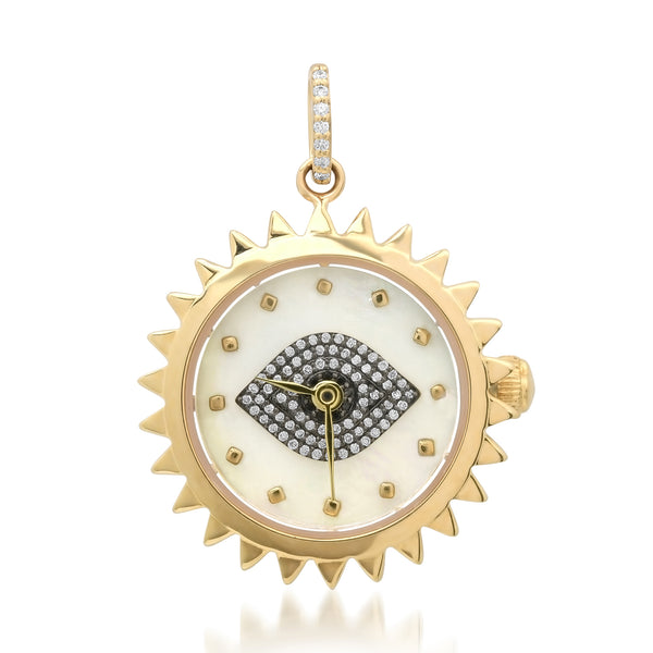 Functional White Mother of Pearl & Diamond Evil Eye Spike Clock Charm