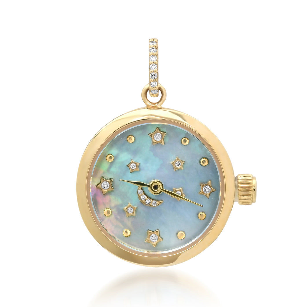 Functional Blue Mother of Pearl & Diamond Galaxy Clock Charm