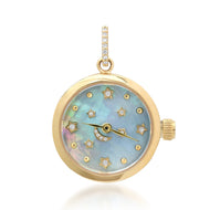 Functional Blue Mother of Pearl & Diamond Galaxy Clock Charm - 14k yellow gold