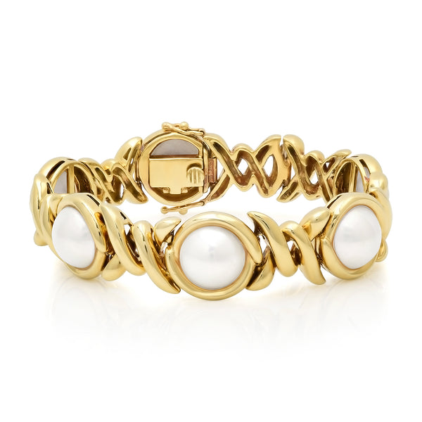 Heavy Vintage Gold Link Bracelet with Mabe Pearls