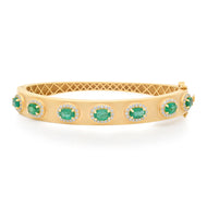 Juicy Gold Bangle Bracelet with Diamond Framed Emerald Ovals - 18k yellow gold