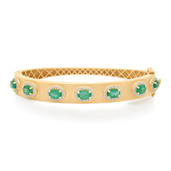 Juicy Gold Bangle Bracelet with Diamond Framed Emerald Ovals