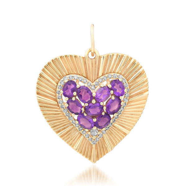 Large Fluted Heart Charm with Gemstone Cluster & Diamonds