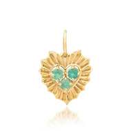 Small Fluted Heart Charm with Gemstone Cluster - 14k yellow gold / emerald