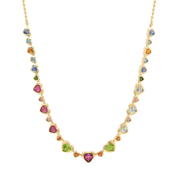 Graduated Bezel Set Mixed Gemstone Heart & Diamond Statement Necklace