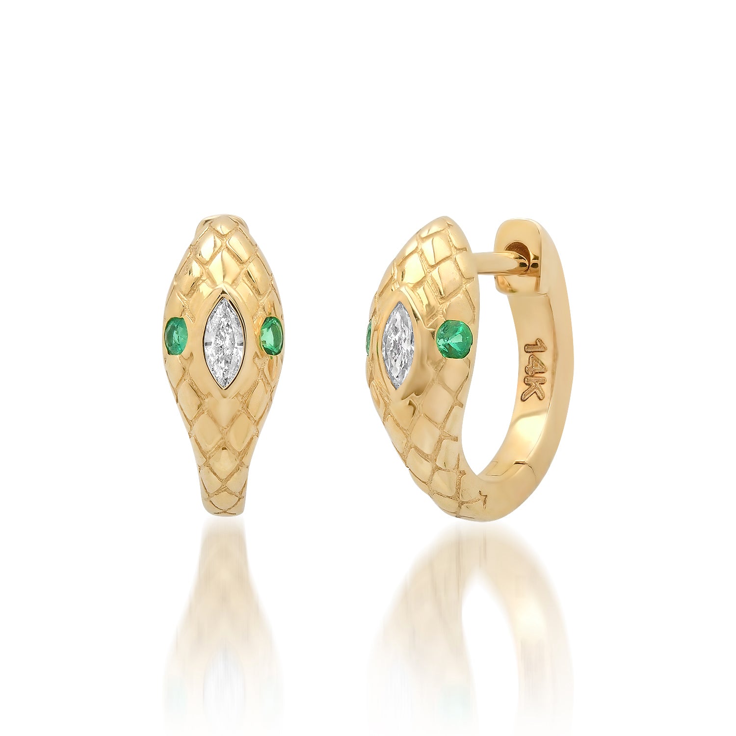 Sleek Emerald & Diamond Snake Huggie Hoop Earrings