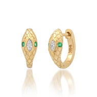 Sleek Emerald & Diamond Snake Huggie Hoop Earrings - 14k yellow gold